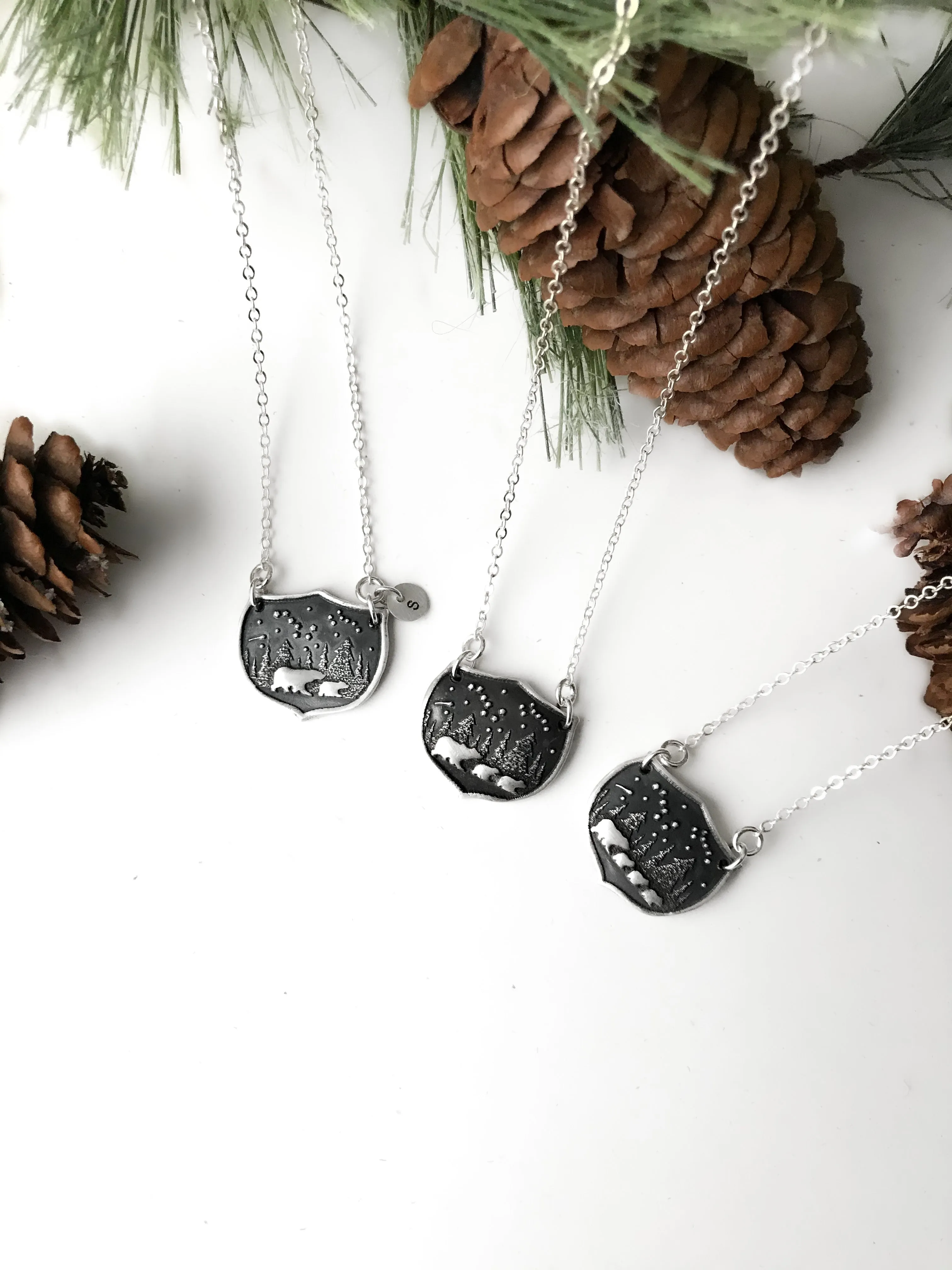 Mama Bear & 3 Baby Bears Shield Family Necklace