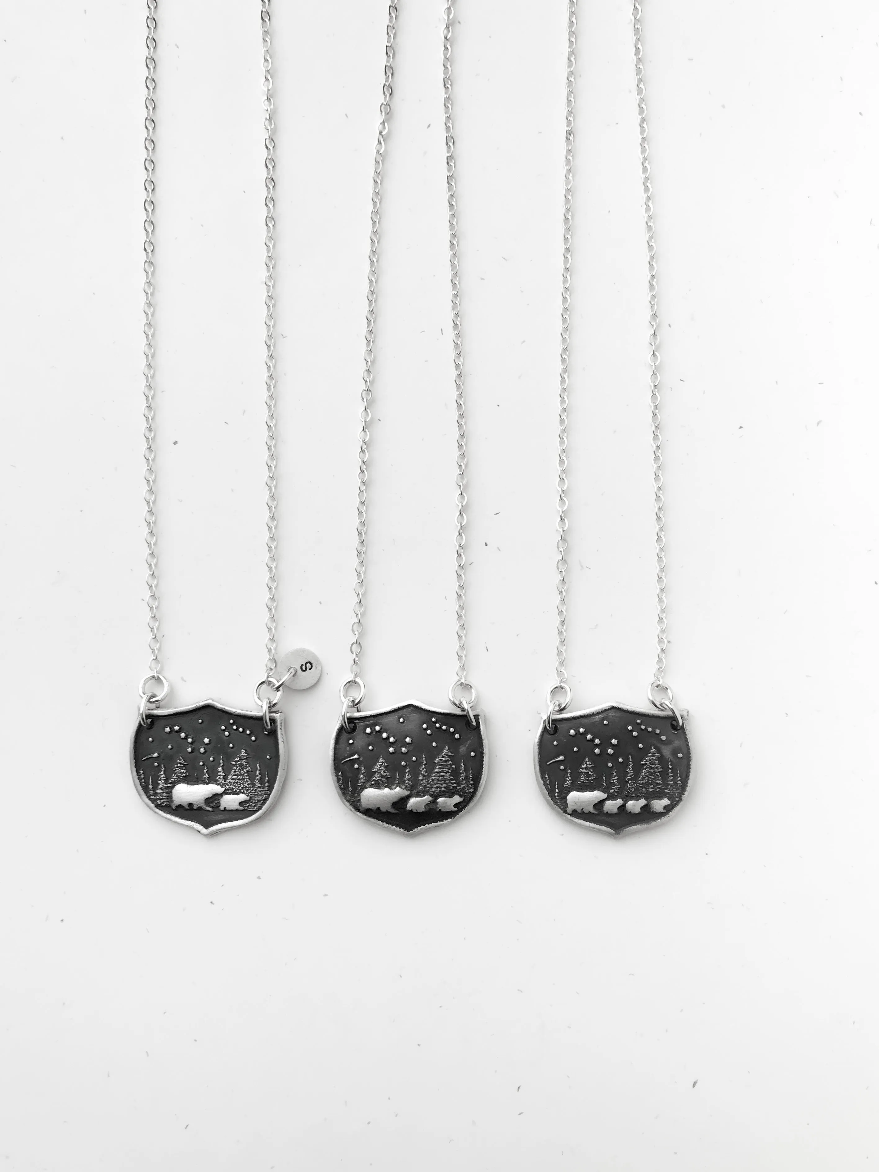 Mama Bear & 3 Baby Bears Shield Family Necklace