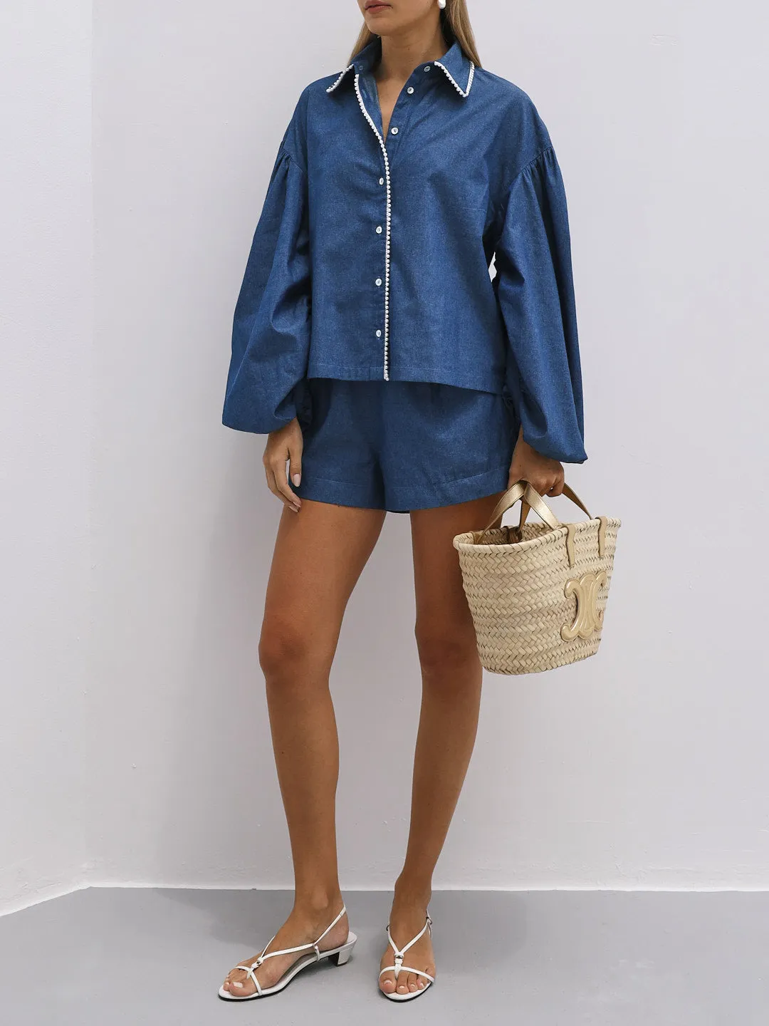 Melissa Chambray Denim Shirt With Pearls | Denim Blue