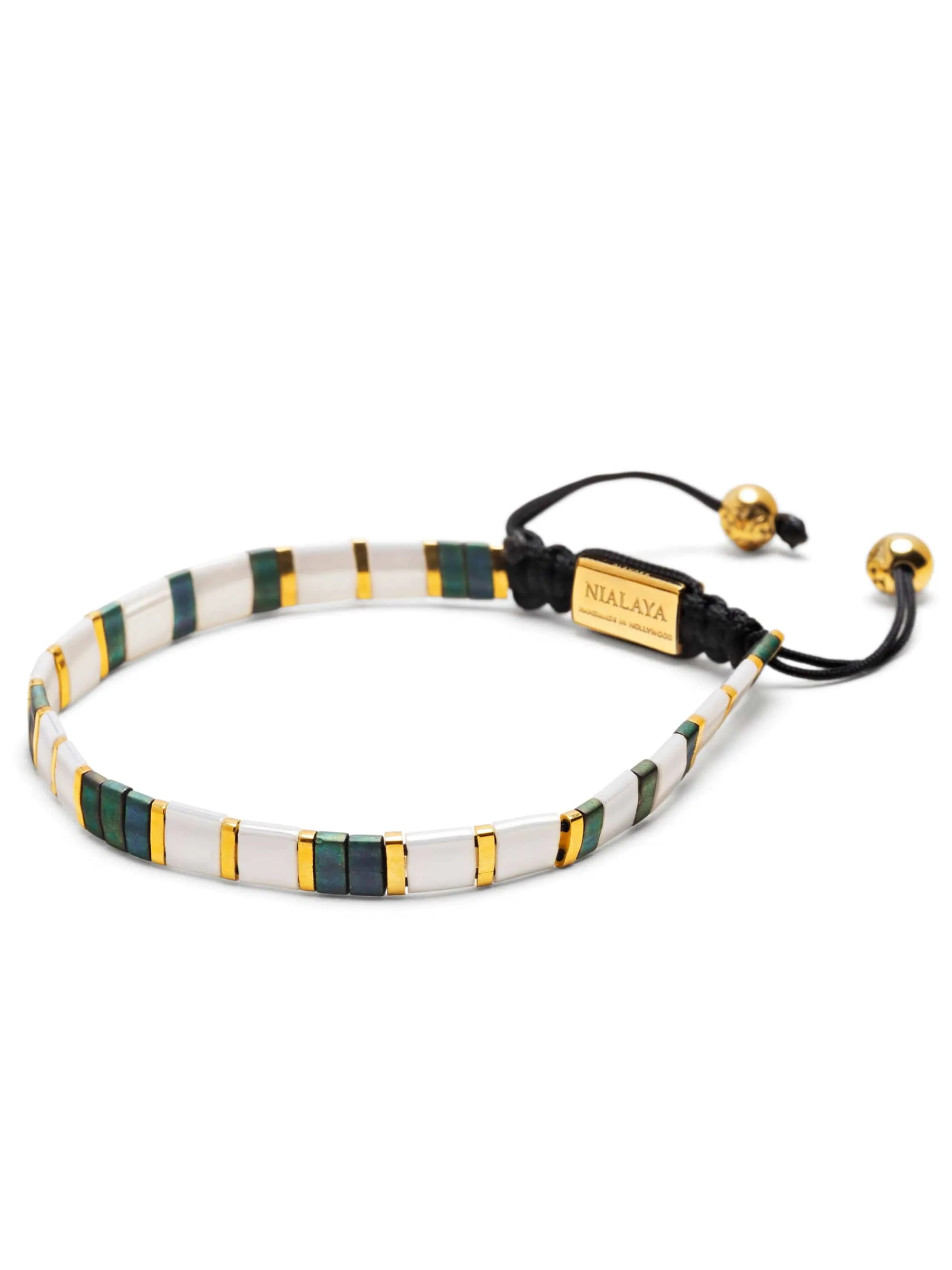 Men's Bracelet with White, Patina Green and Gold Miyuki Tila Beads