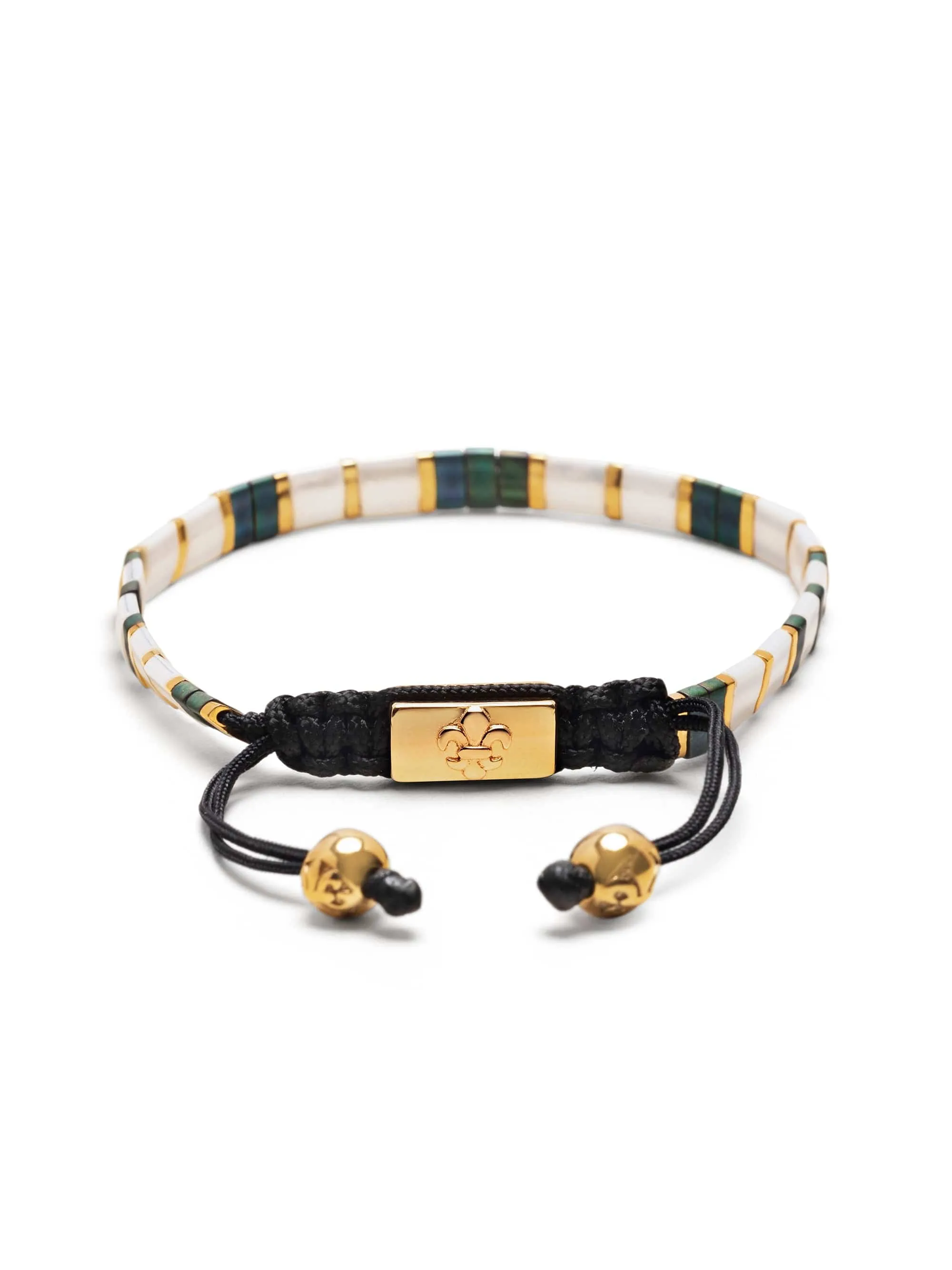 Men's Bracelet with White, Patina Green and Gold Miyuki Tila Beads