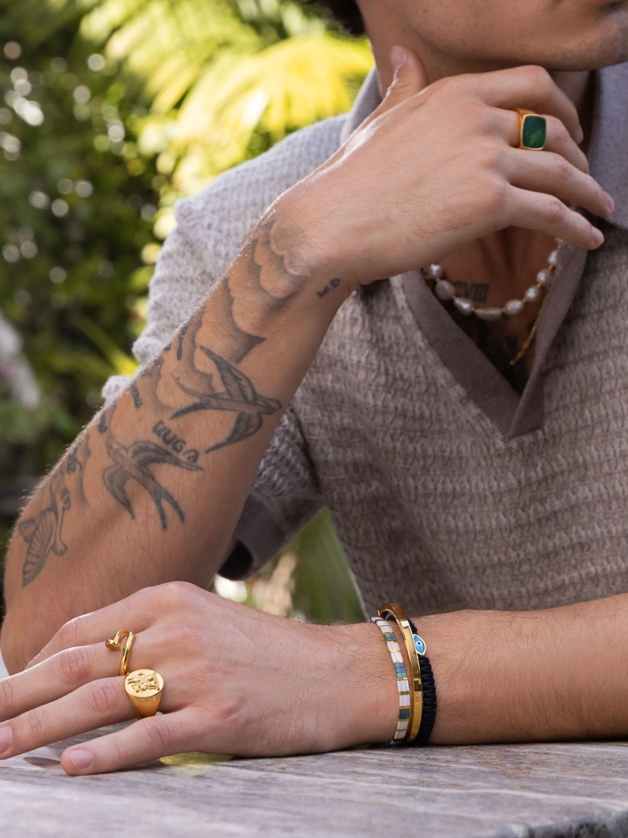 Men's Bracelet with White, Patina Green and Gold Miyuki Tila Beads