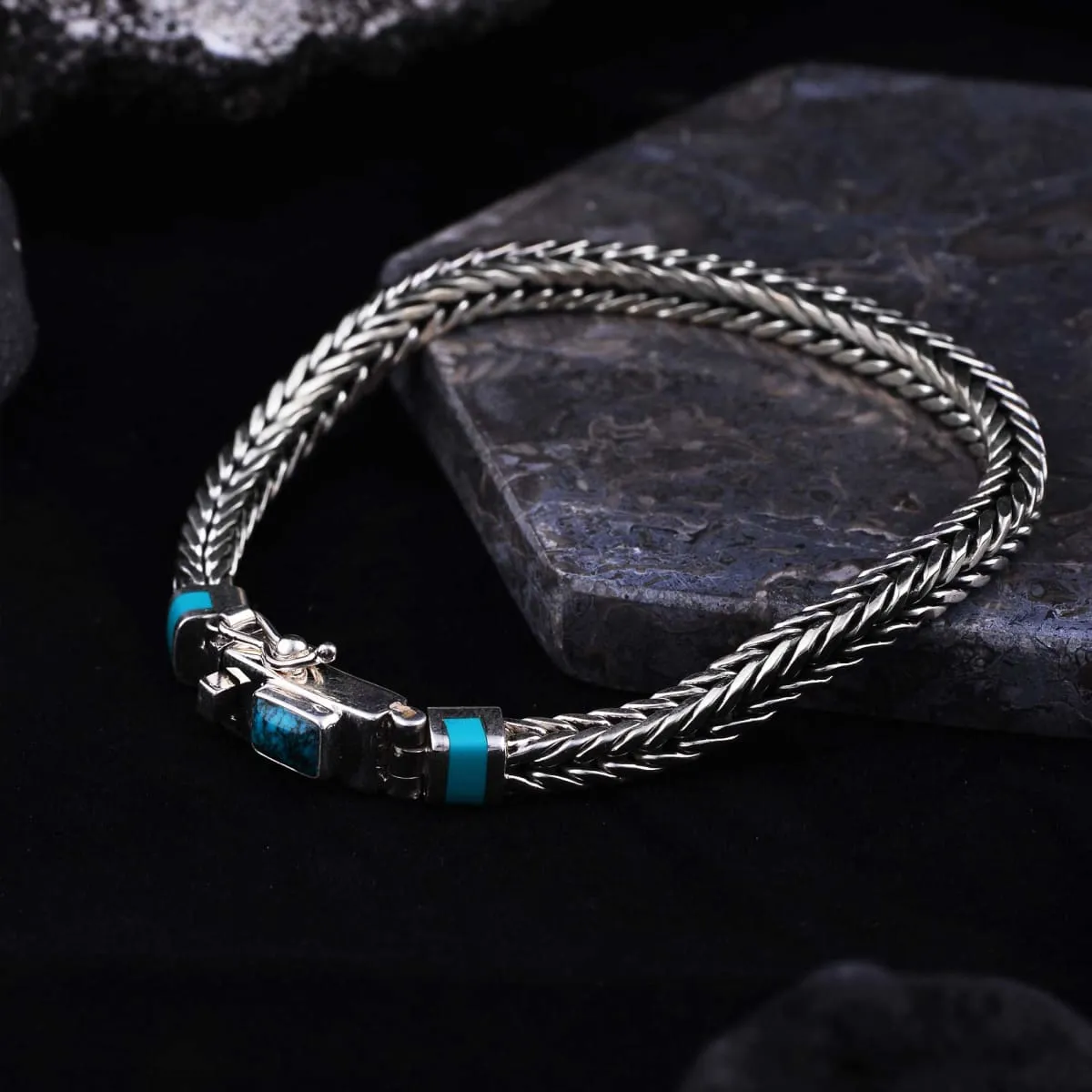 Mens Silver Chain Bracelet | Mens Byzantium Dragon Bones Bracelet with Turquoise Gemstone