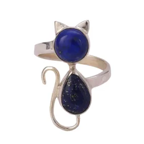 Navya Craft Lapis Lazuli 925 Solid Sterling Silver Cat Ring  Size 3-14 US