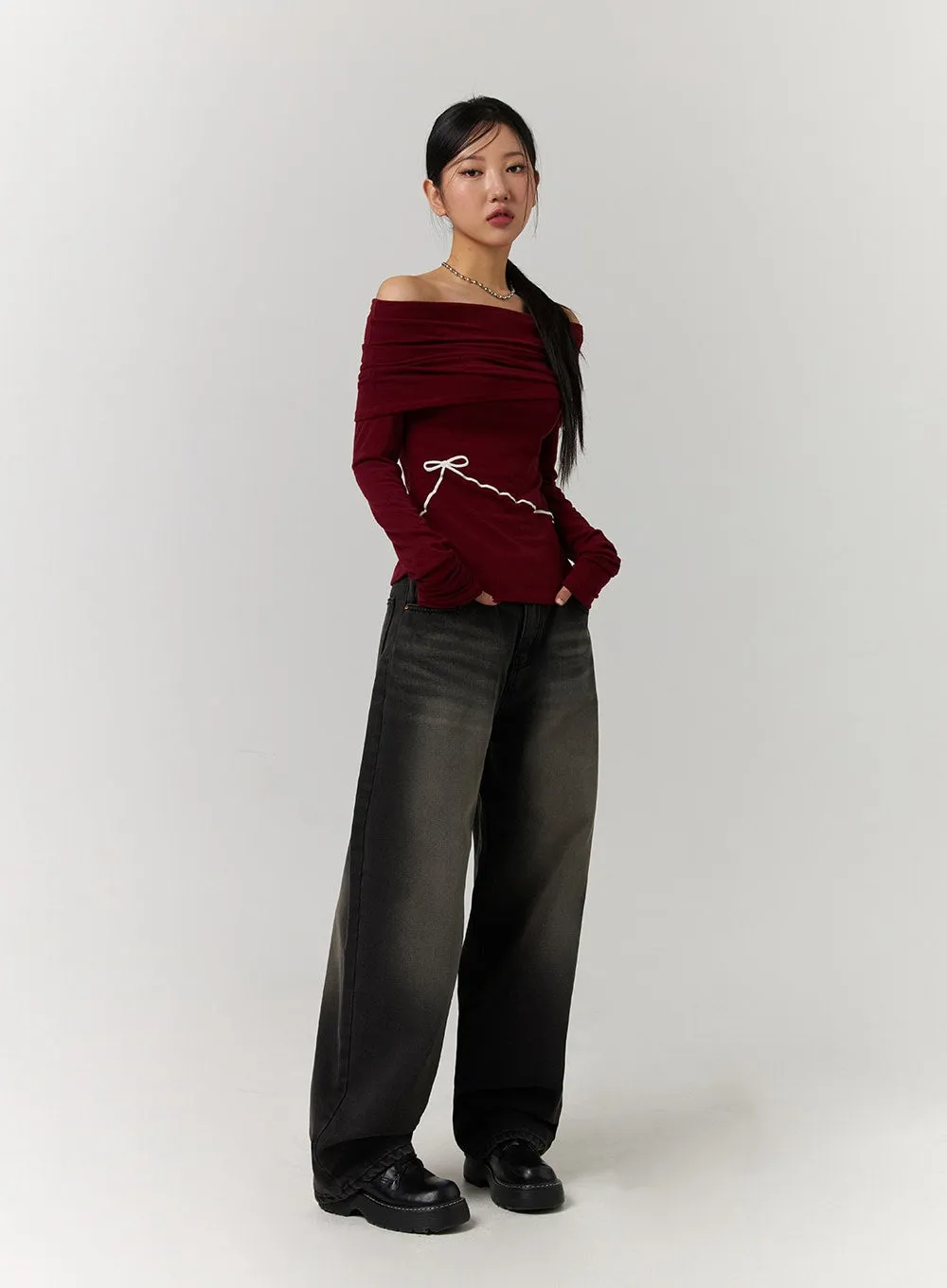 Off-Shoulder Solid Ruched Long Sleeve Top with Ribbon Detail CD329