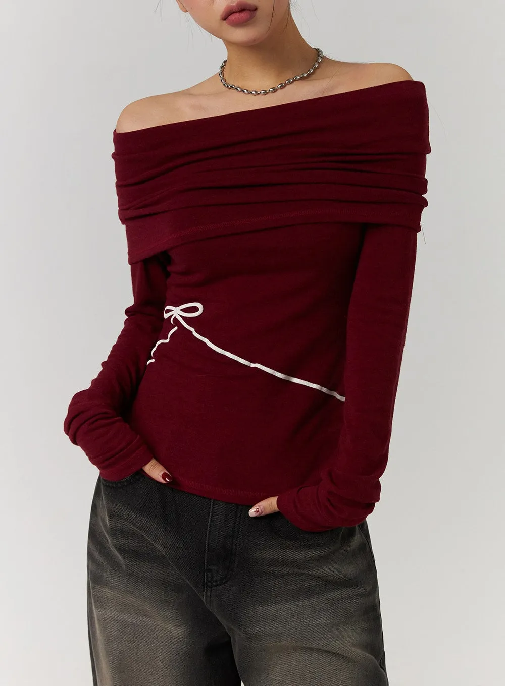 Off-Shoulder Solid Ruched Long Sleeve Top with Ribbon Detail CD329