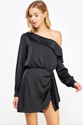 One Shoulder Draped Satin Mini Dress