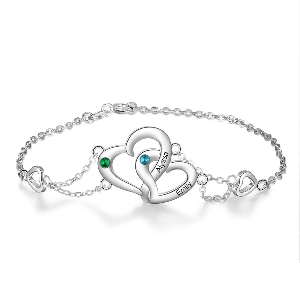 Personalized Intertwined Heart Bracelet with Birthstone Women Engraved Name Bracelets Custom Gift for Lovers