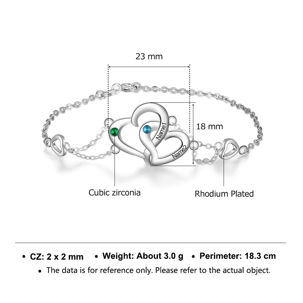 Personalized Intertwined Heart Bracelet with Birthstone Women Engraved Name Bracelets Custom Gift for Lovers