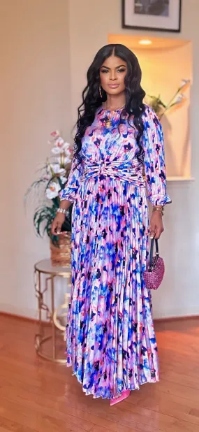 PLEATED MAXI LONG SLEEVE DRESS(MULTI COLOR)