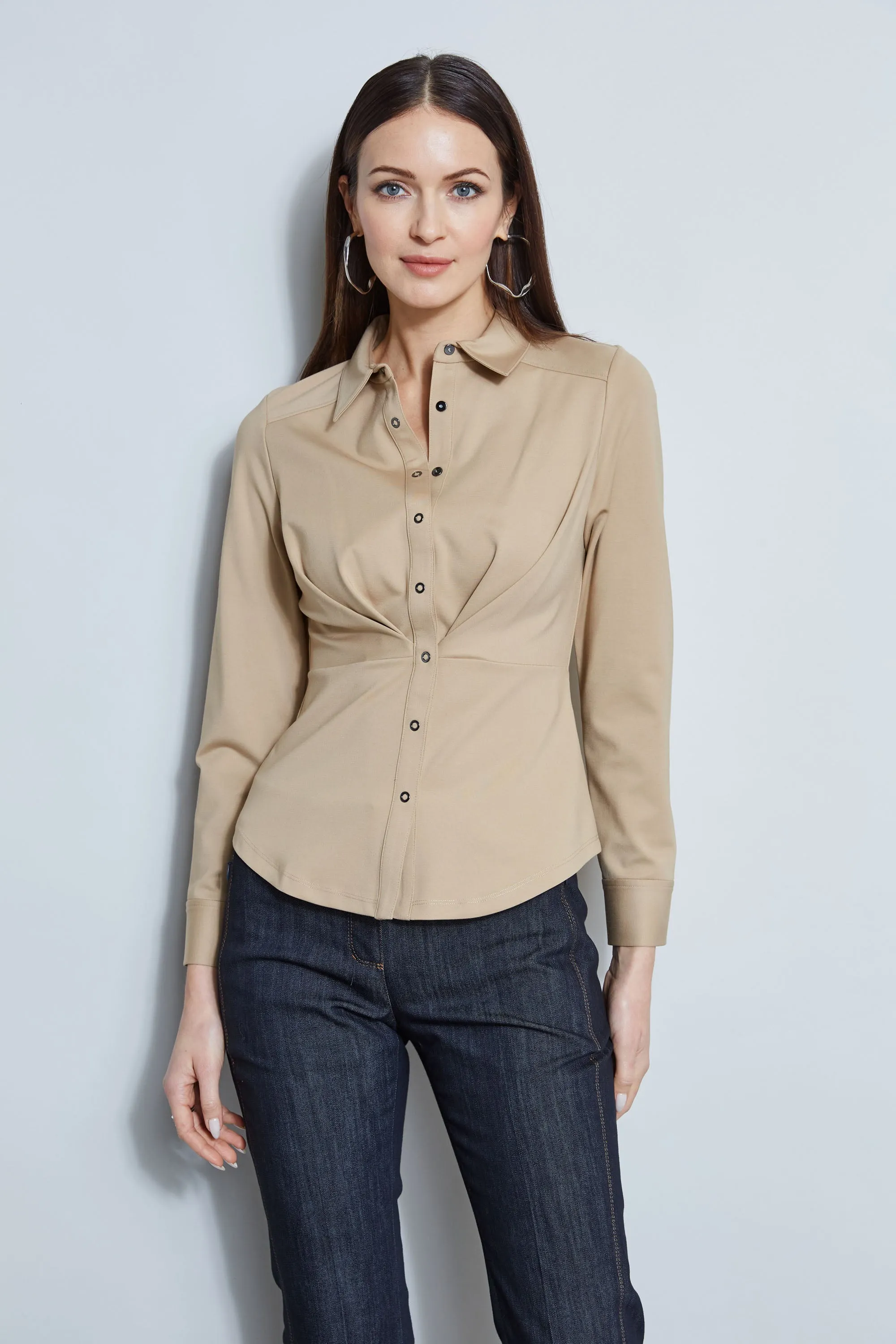 Ponte Pleated Button Down Shirt