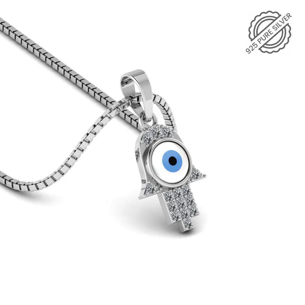 Pure 925 Silver Hamsa Hand Evil Eye Pendant for Ladies