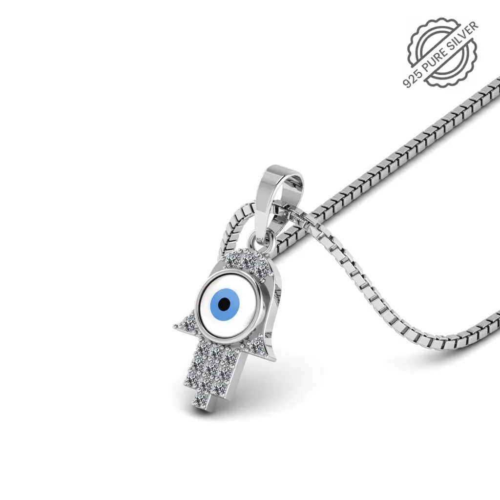 Pure 925 Silver Hamsa Hand Evil Eye Pendant for Ladies