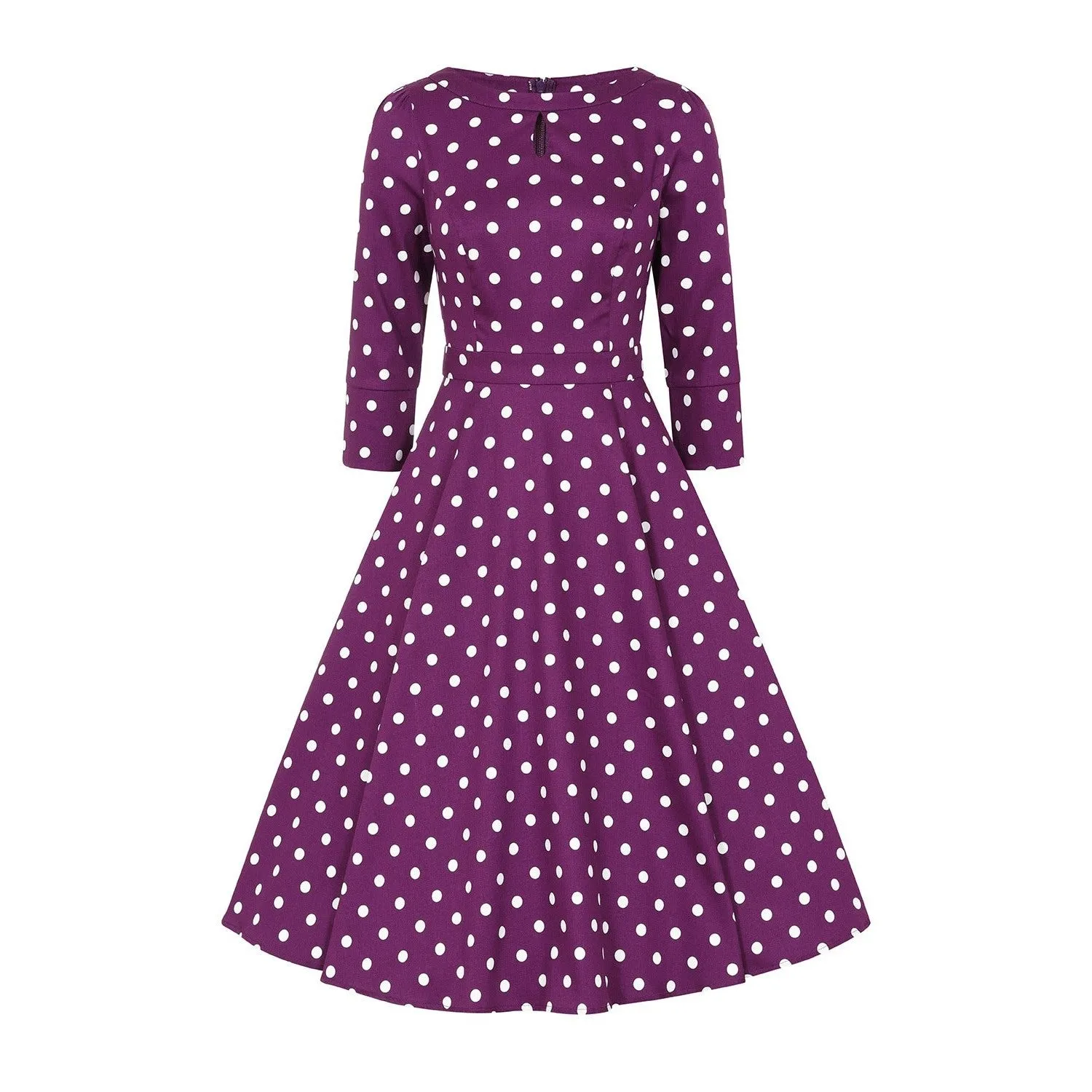 Purple And White Polka Dot 3/4 Sleeve 50s Swing Tea Dress