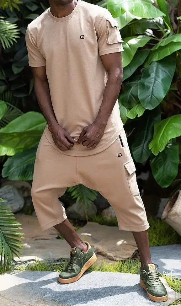 QL IGO Relaxed Cargo Shorts and T-Shirt Set in Camel