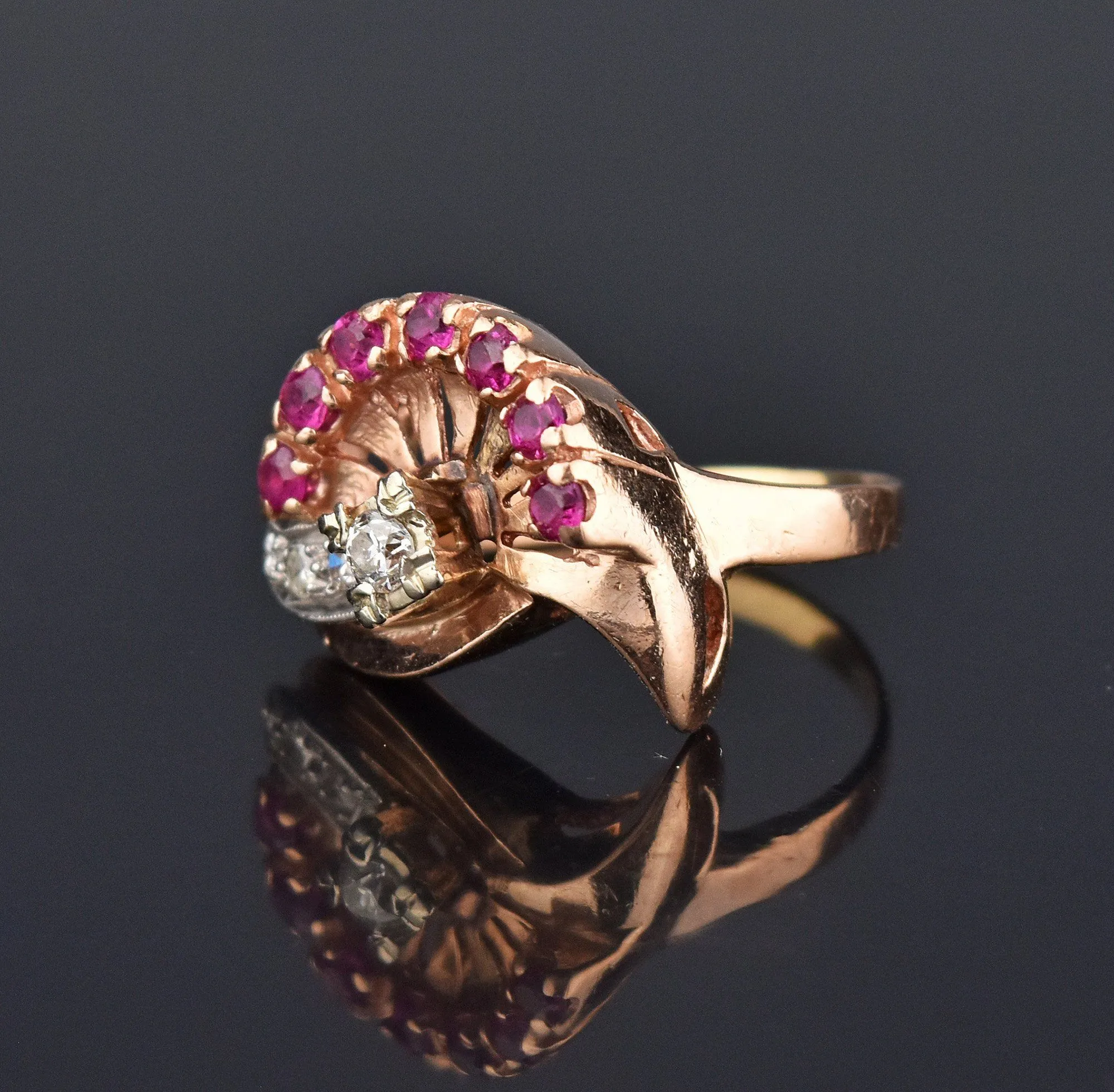 Retro Ruby Crown Diamond Ring, Hollywood Regency