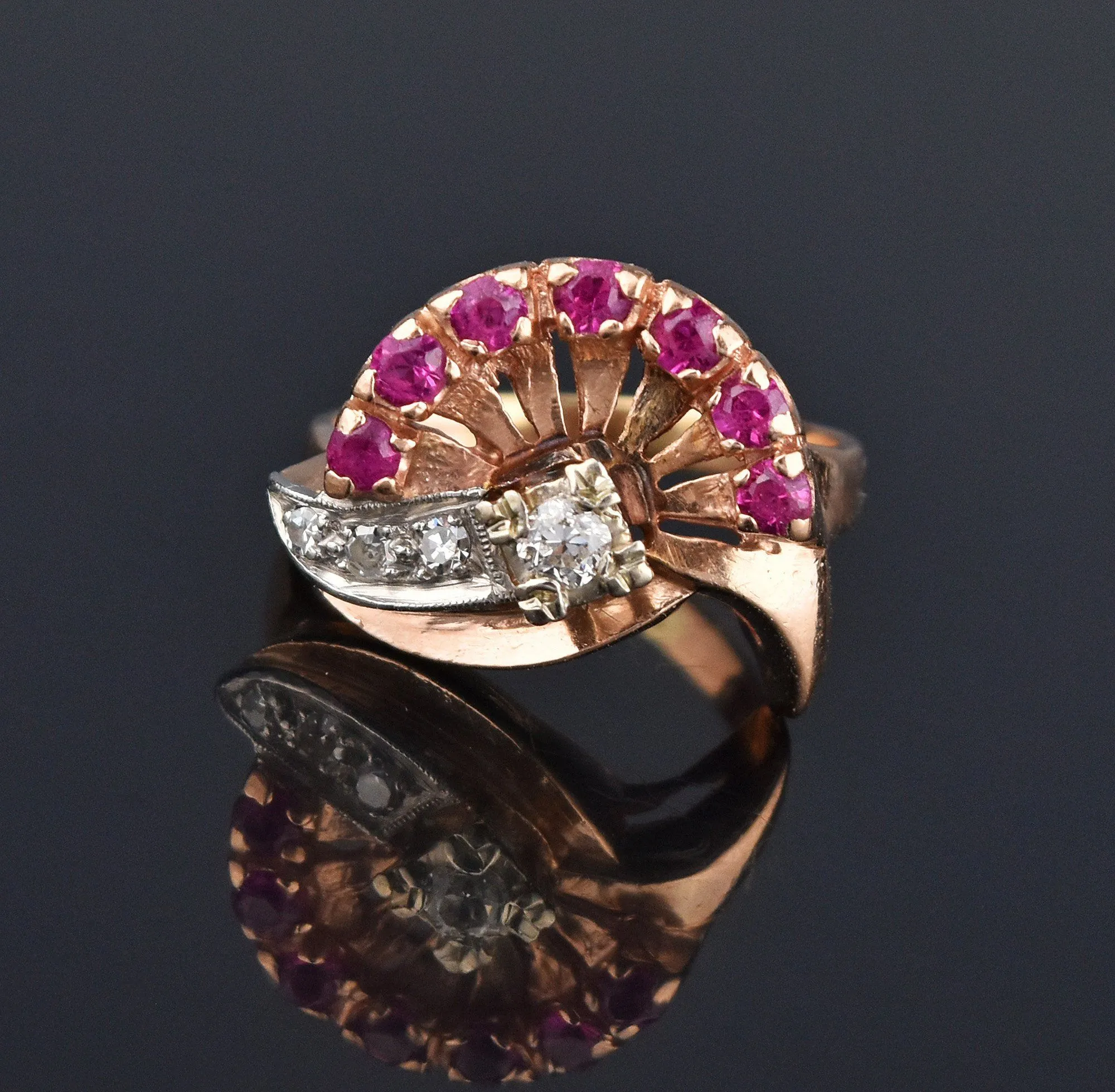 Retro Ruby Crown Diamond Ring, Hollywood Regency