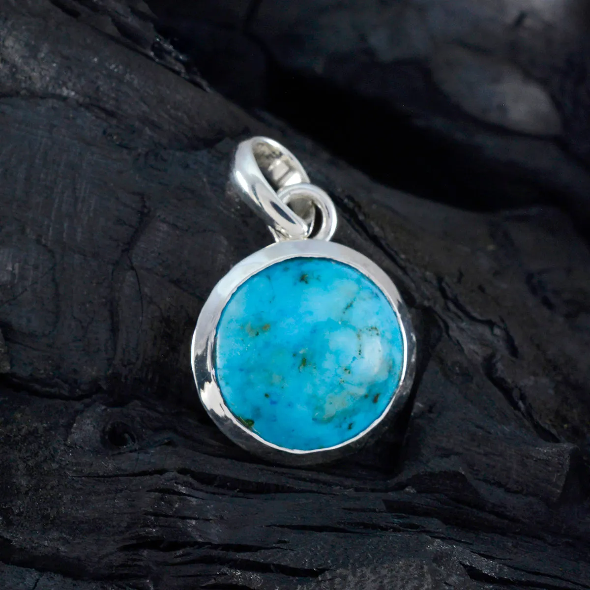 Riyo Drop Gems Round Cabochon Blue Turquoise Silver Pendant Gift For Engagement