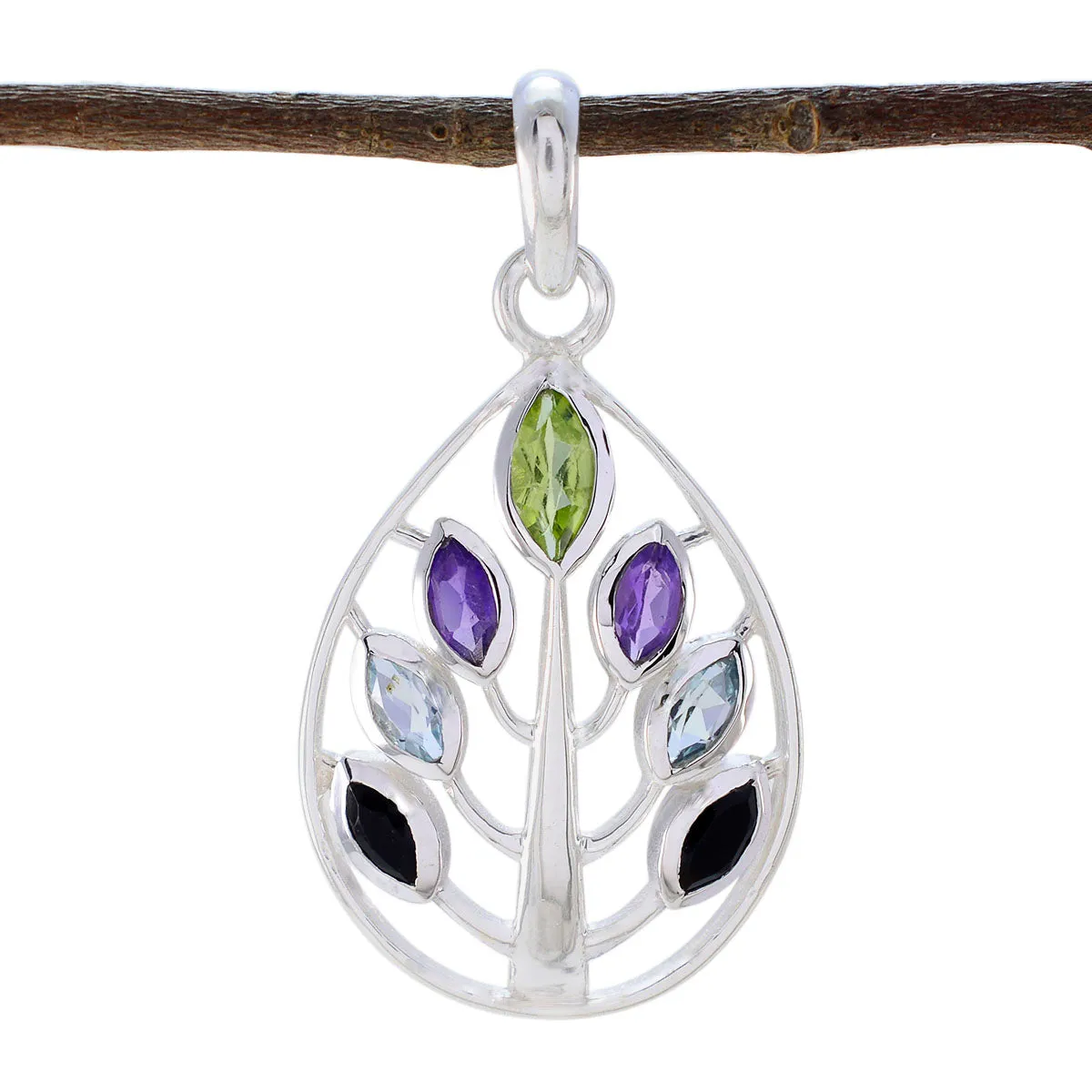 Riyo Drop Gemstone Marquise Faceted Multi Color Multi Stone Sterling Silver Pendant Gift For Women