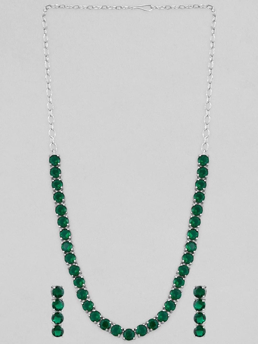 Rubans Silver Plated Necklace Set With Studded Dark Green AD's