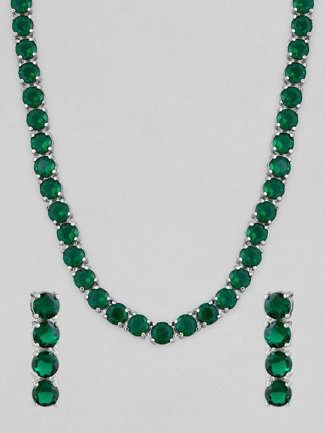 Rubans Silver Plated Necklace Set With Studded Dark Green AD's