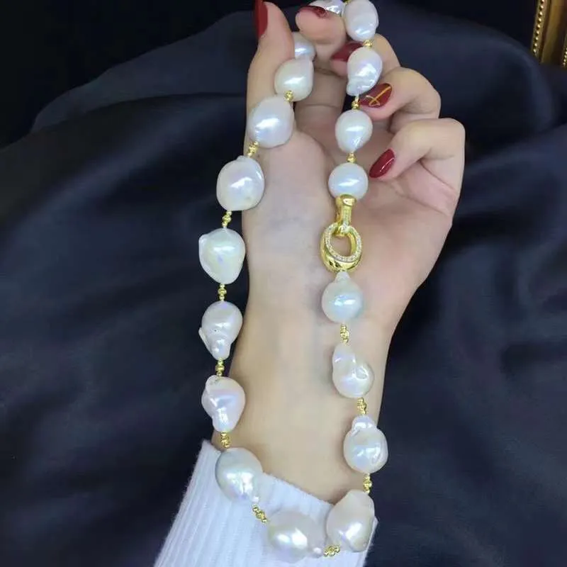 S925 Silver(Yellow Gold Plated) Freshwater Baroque Pearl Necklance - TS027