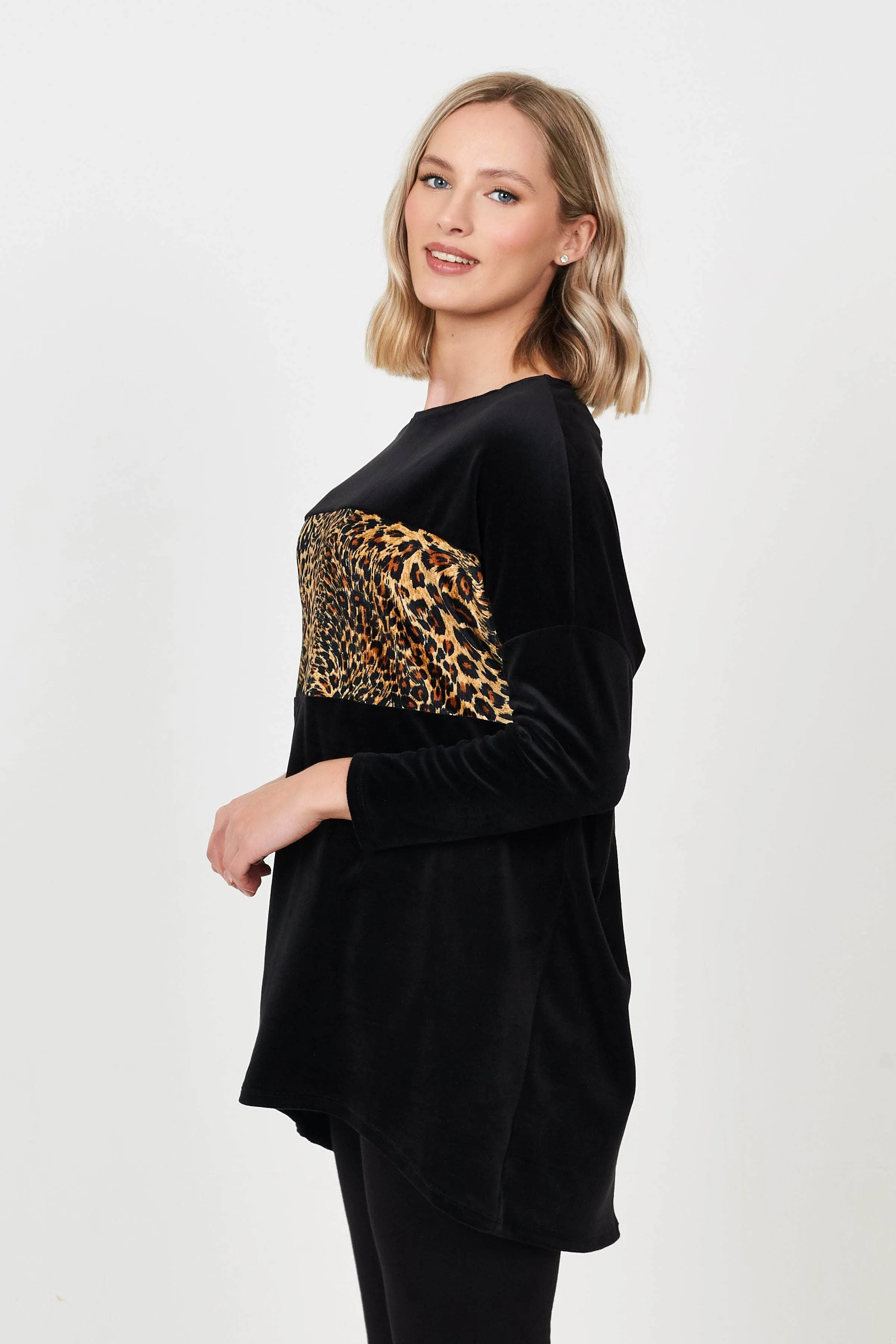 Saloos Velvet Animal Print Panel Design Top