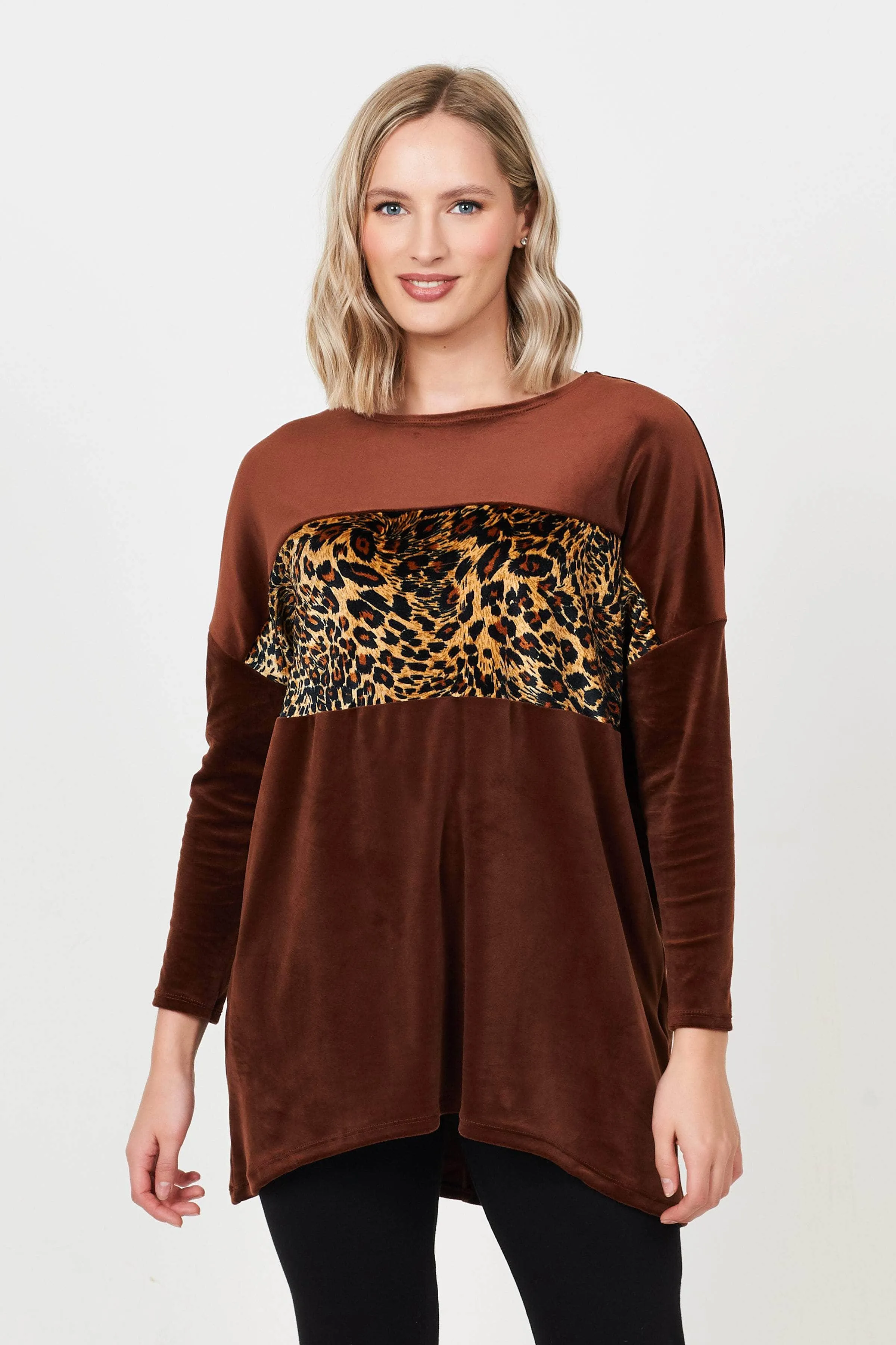 Saloos Velvet Animal Print Panel Design Top