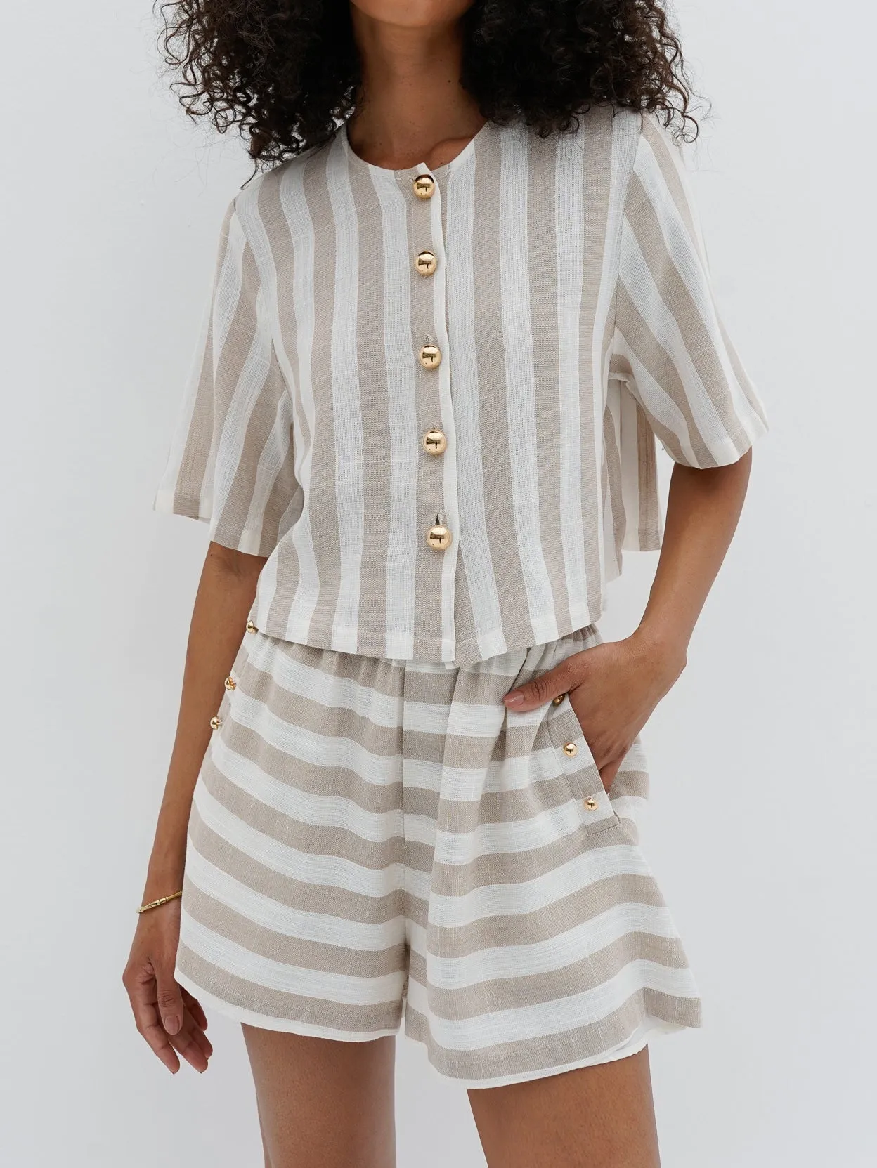 Simona Stripe Resort Shorts | Almond & White