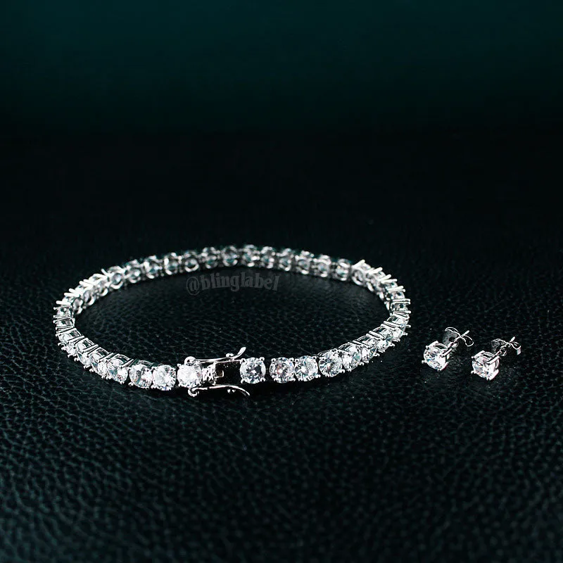 Tennis Bracelet and CZ Stud Earrings Set in White Gold