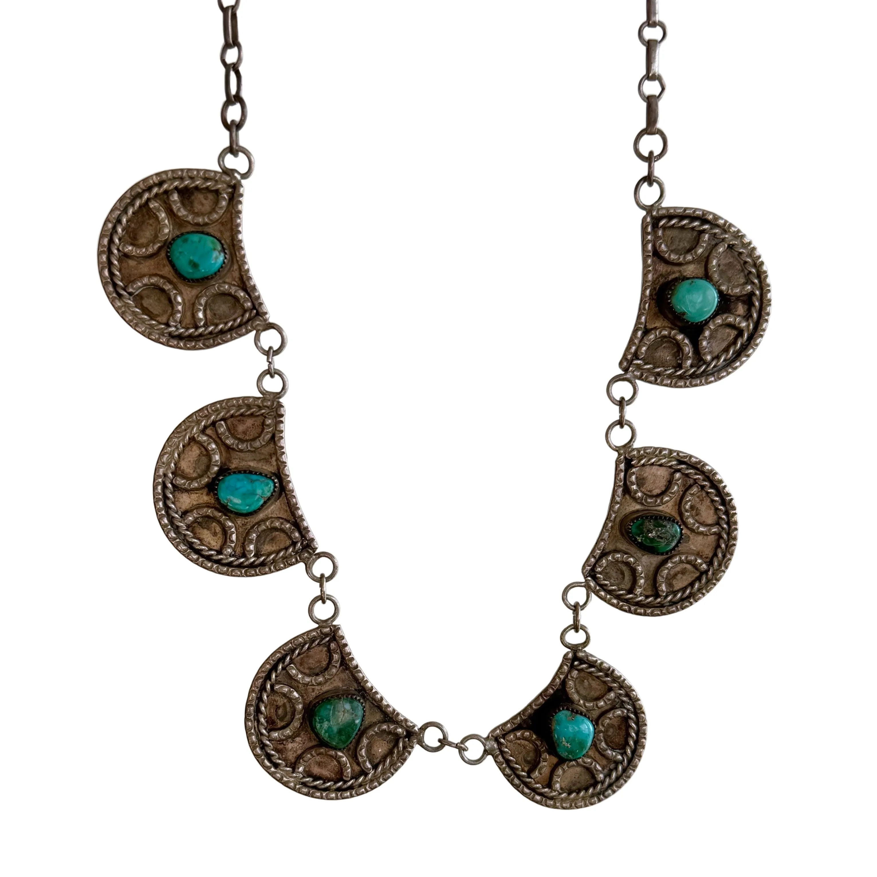 V I N T A G E // lucky links / sterling silver and turquoise horseshoe panel necklace / 18, 46g