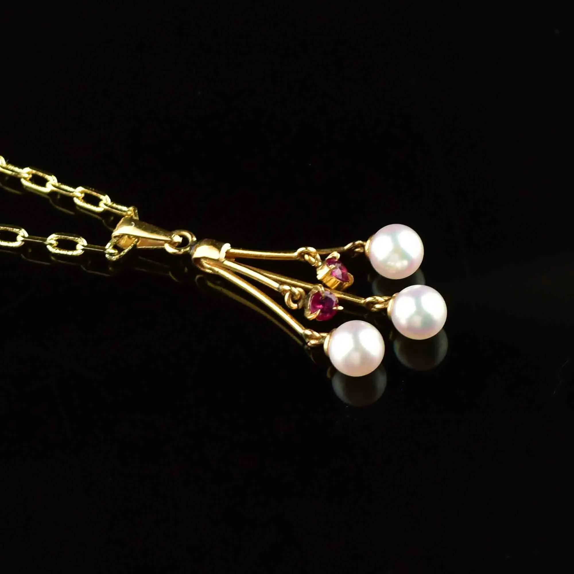 Vintage 18K Gold Pearl Pink Spinel Pendant Necklace