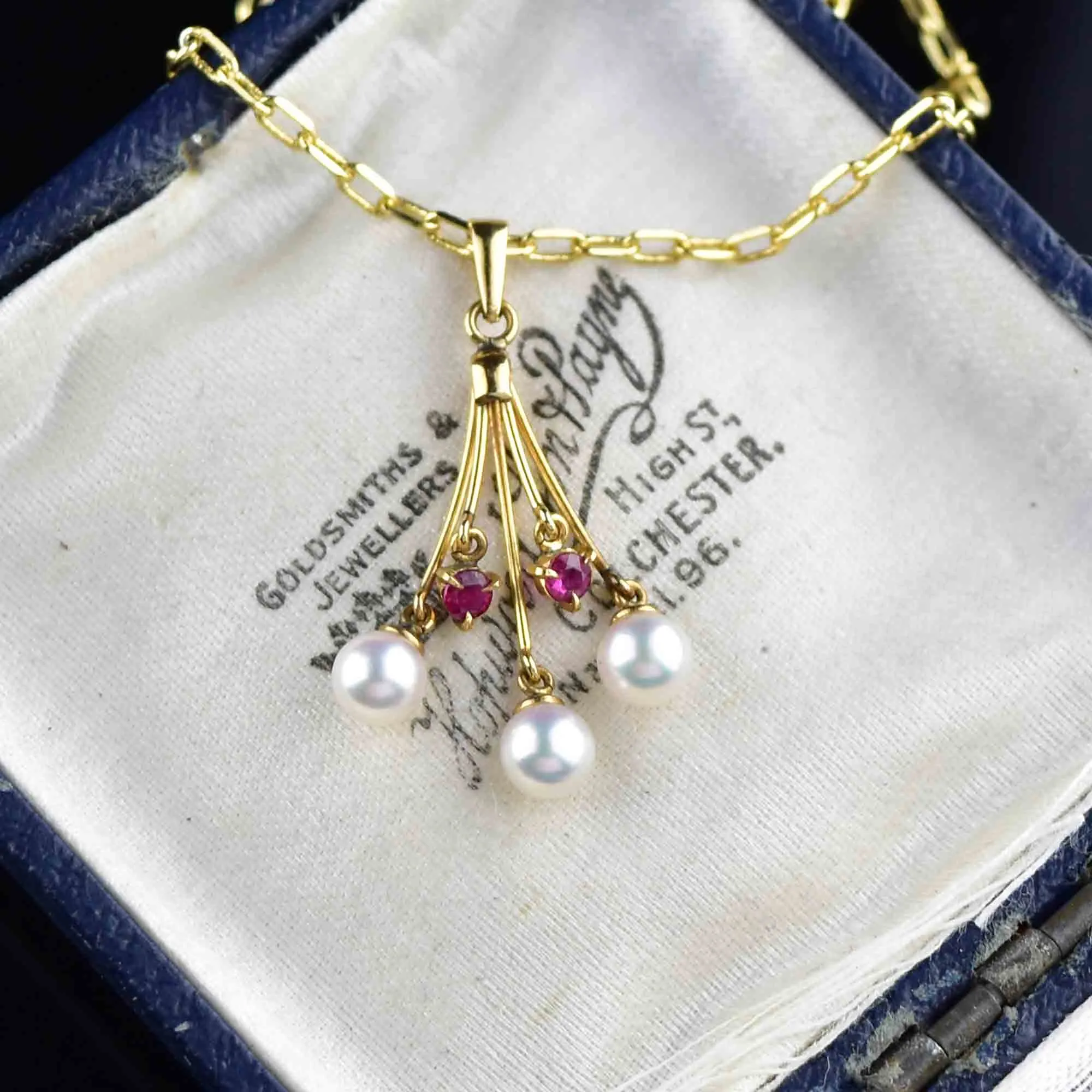 Vintage 18K Gold Pearl Pink Spinel Pendant Necklace