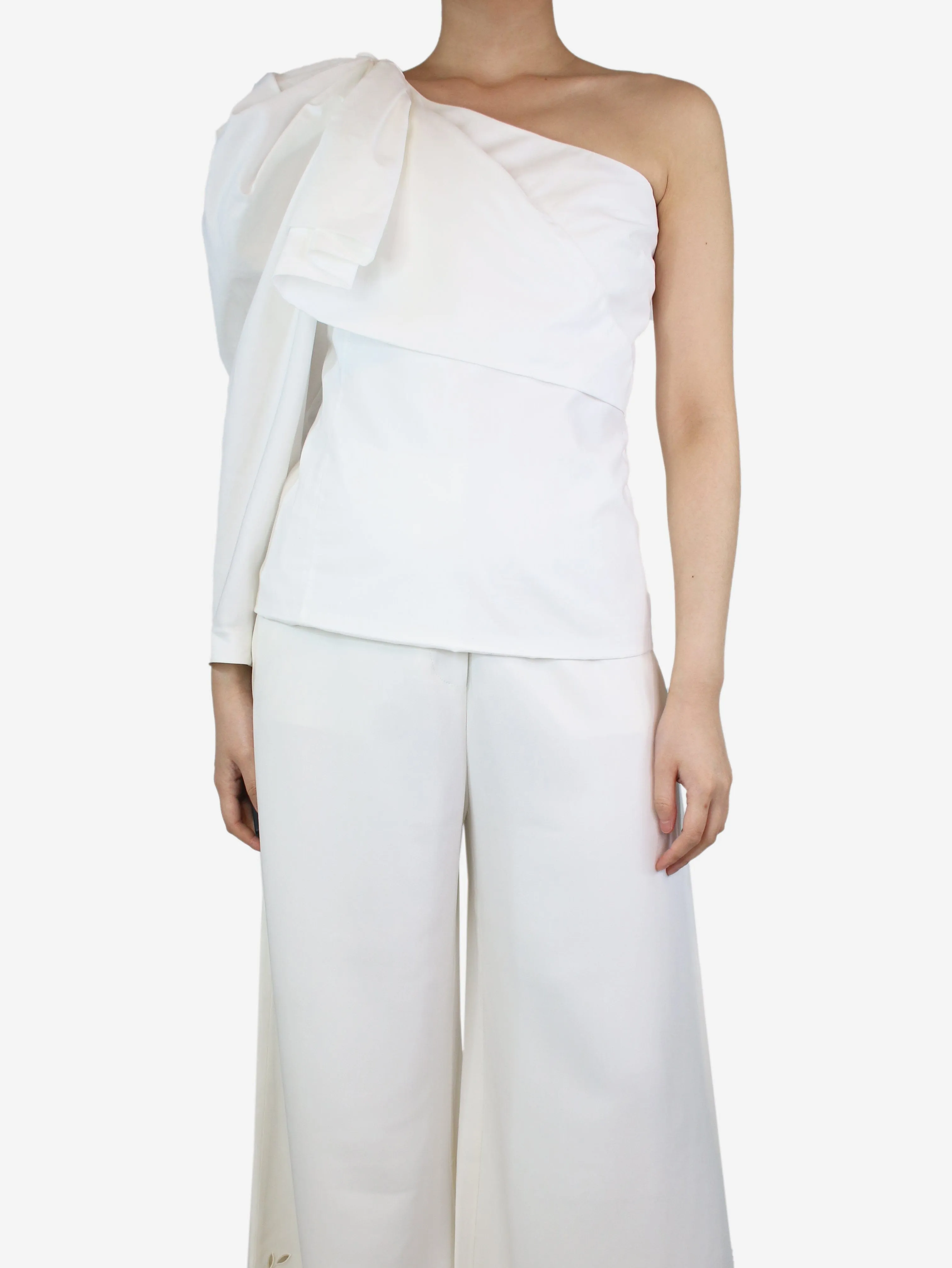 White asymmetric pleated sleeve top - size UK 8