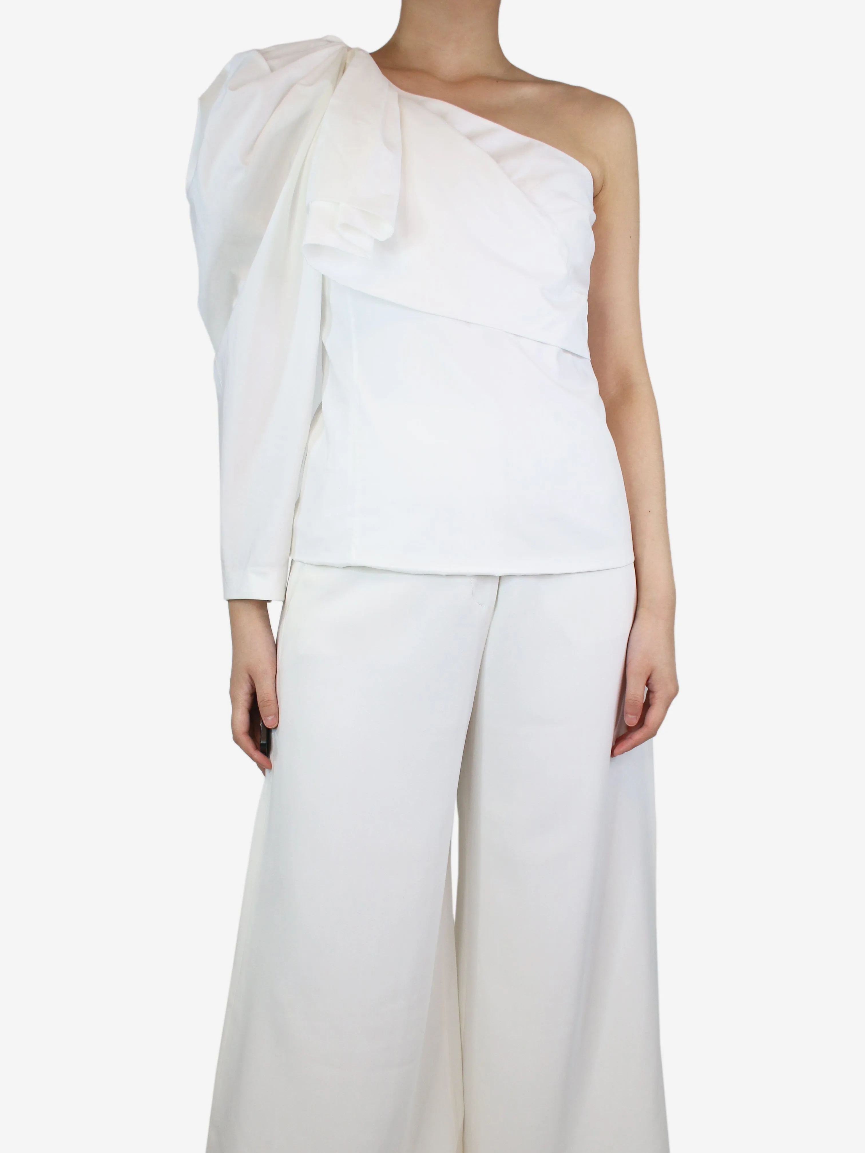 White asymmetric pleated sleeve top - size UK 8