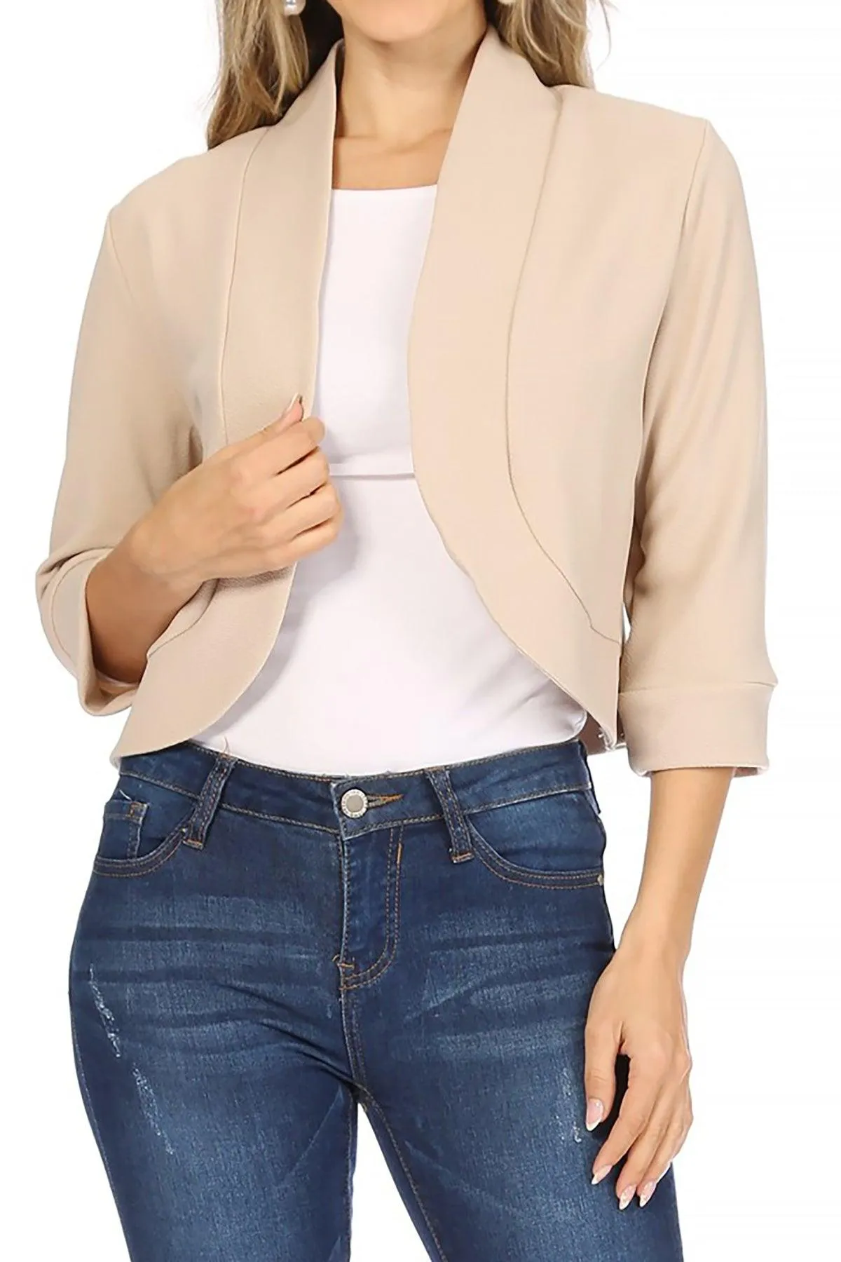 Women's Casual 3/4 Sleeve Bolero Open Front Cardigan Jacket Work Office Blazer