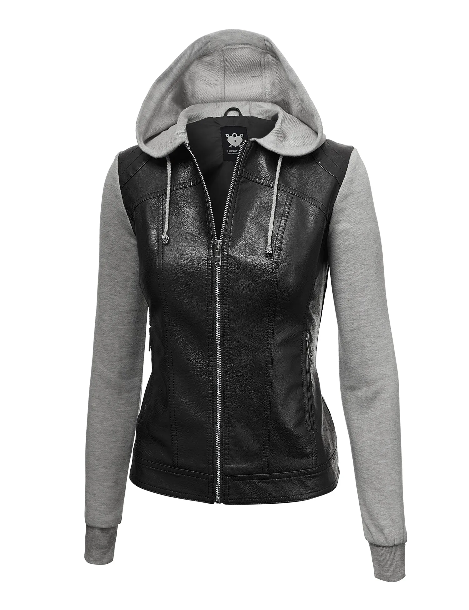 Womens Lock & Love Faux Leather Full Zip Hoodie Sweatshirt Jacket