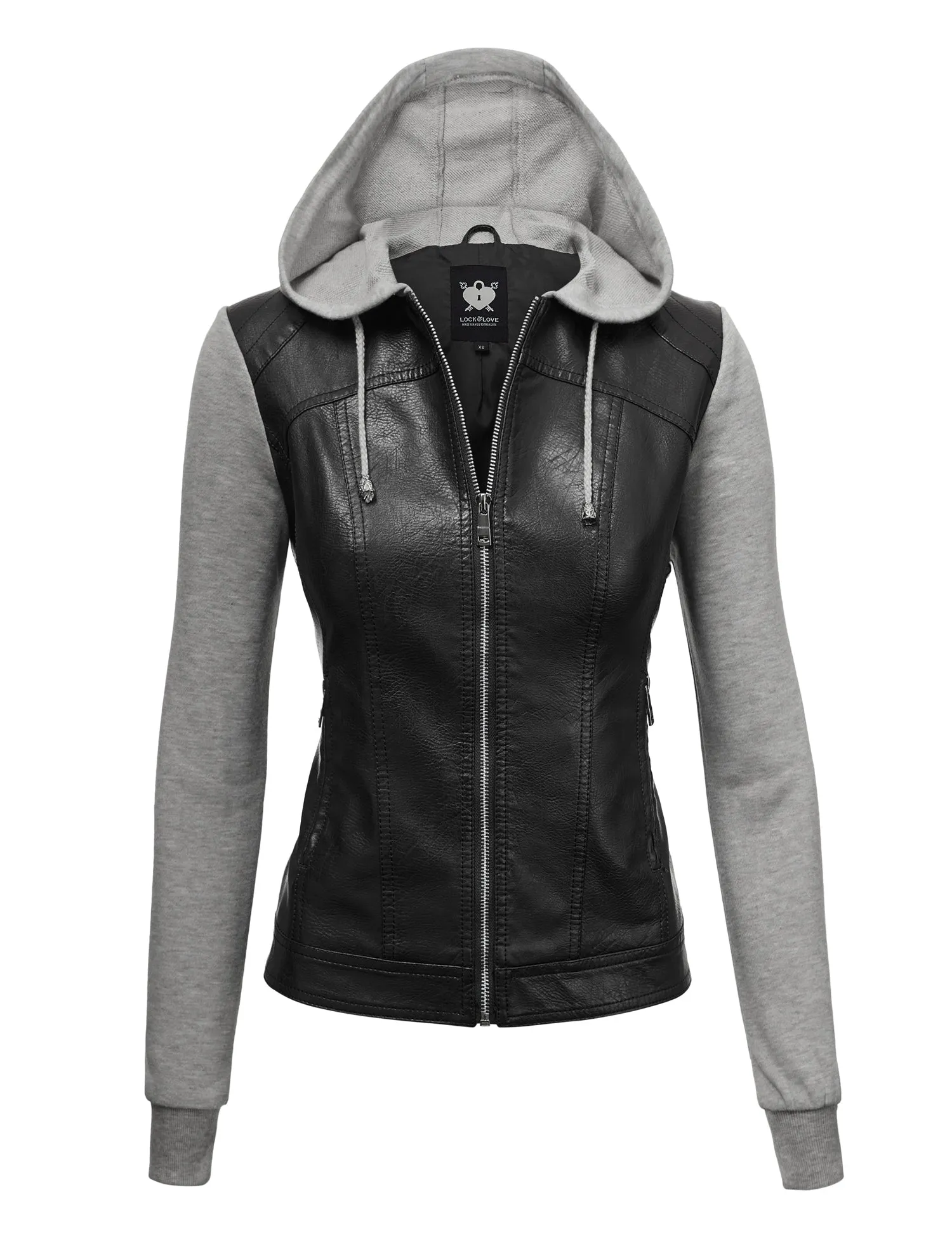 Womens Lock & Love Faux Leather Full Zip Hoodie Sweatshirt Jacket