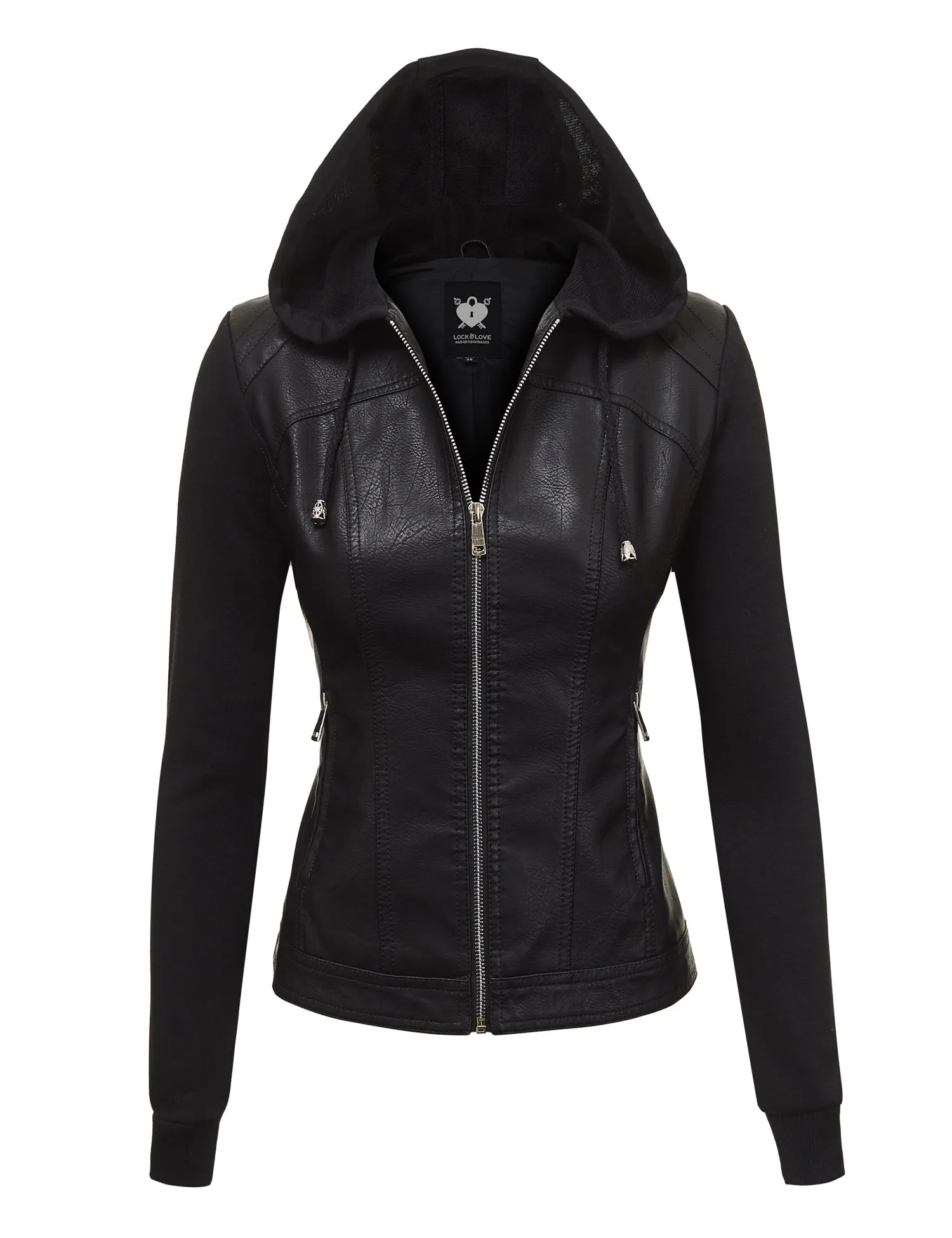 Womens Lock & Love Faux Leather Full Zip Hoodie Sweatshirt Jacket