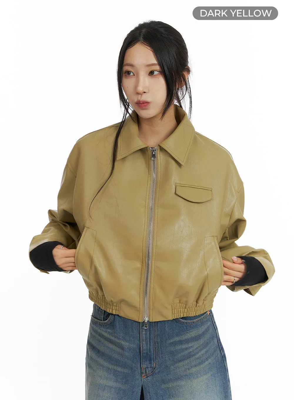 Zip-Up Faux Leather Bomber Jacket CF429